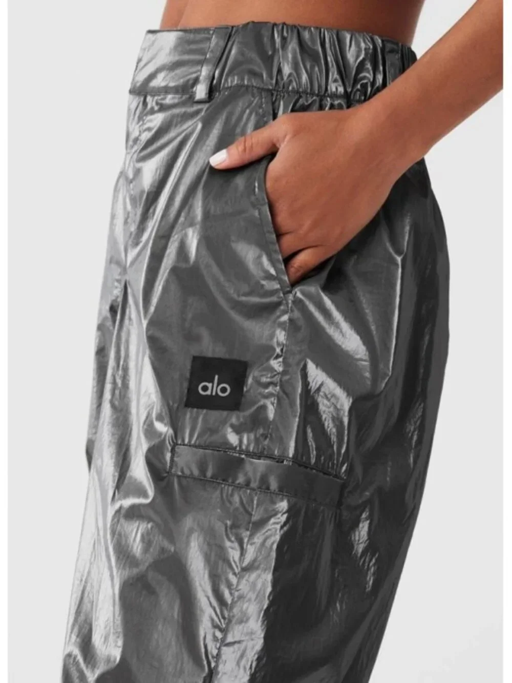 Alo Metallic High-Waist Break Line Joggers Silver Chrome Shiny Hi-Rise Waisted S